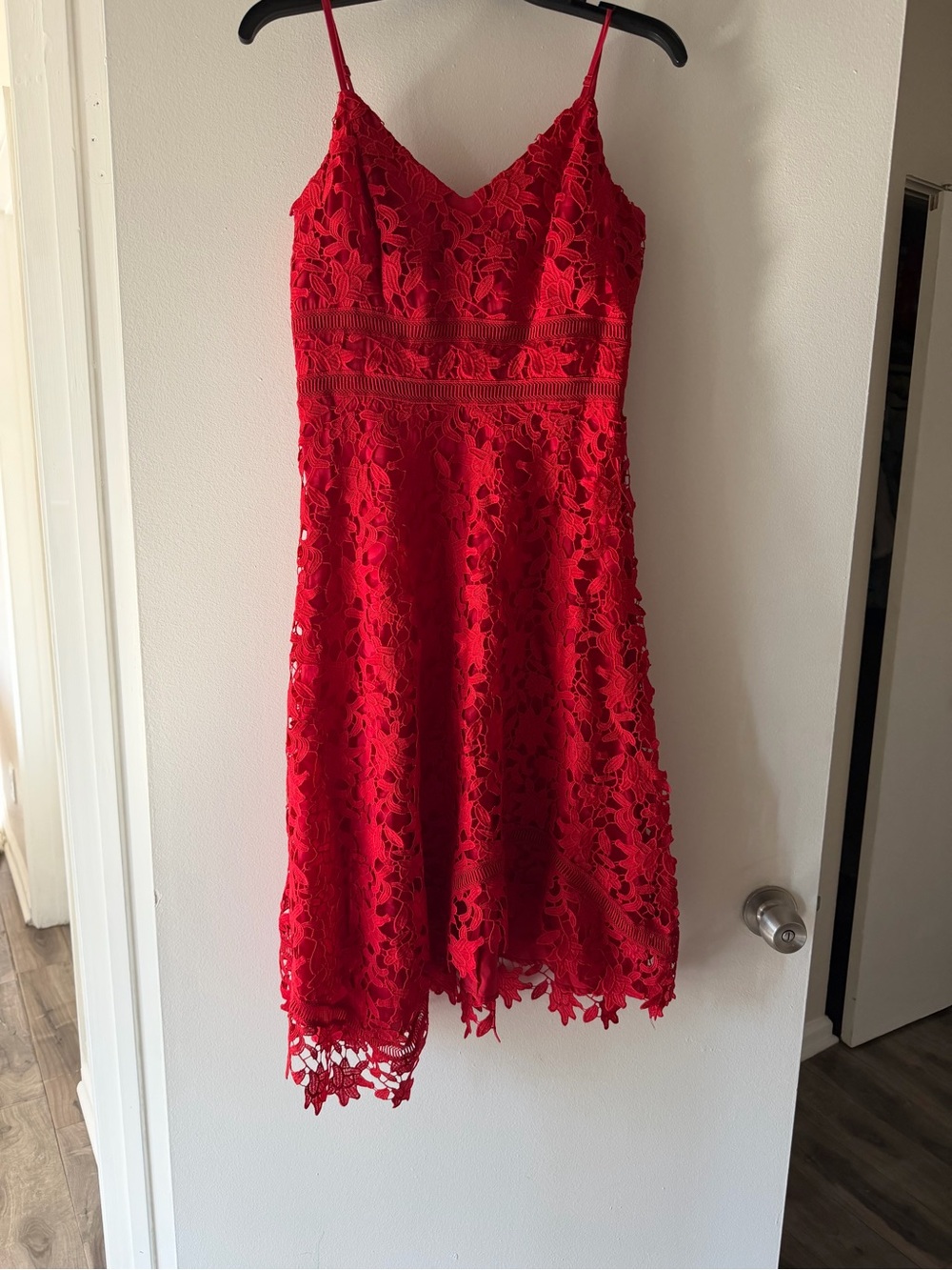 Eliza J Vibrant Red Floral Lace Midi Dress with Spaghetti Straps